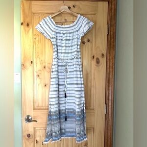 ☀️$5 Tommy Bahama Summer Linen On-Off-Shoulder Striped Midi Dress